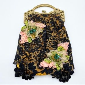 Vintage Brass Handle Black Lace Beaded Bag